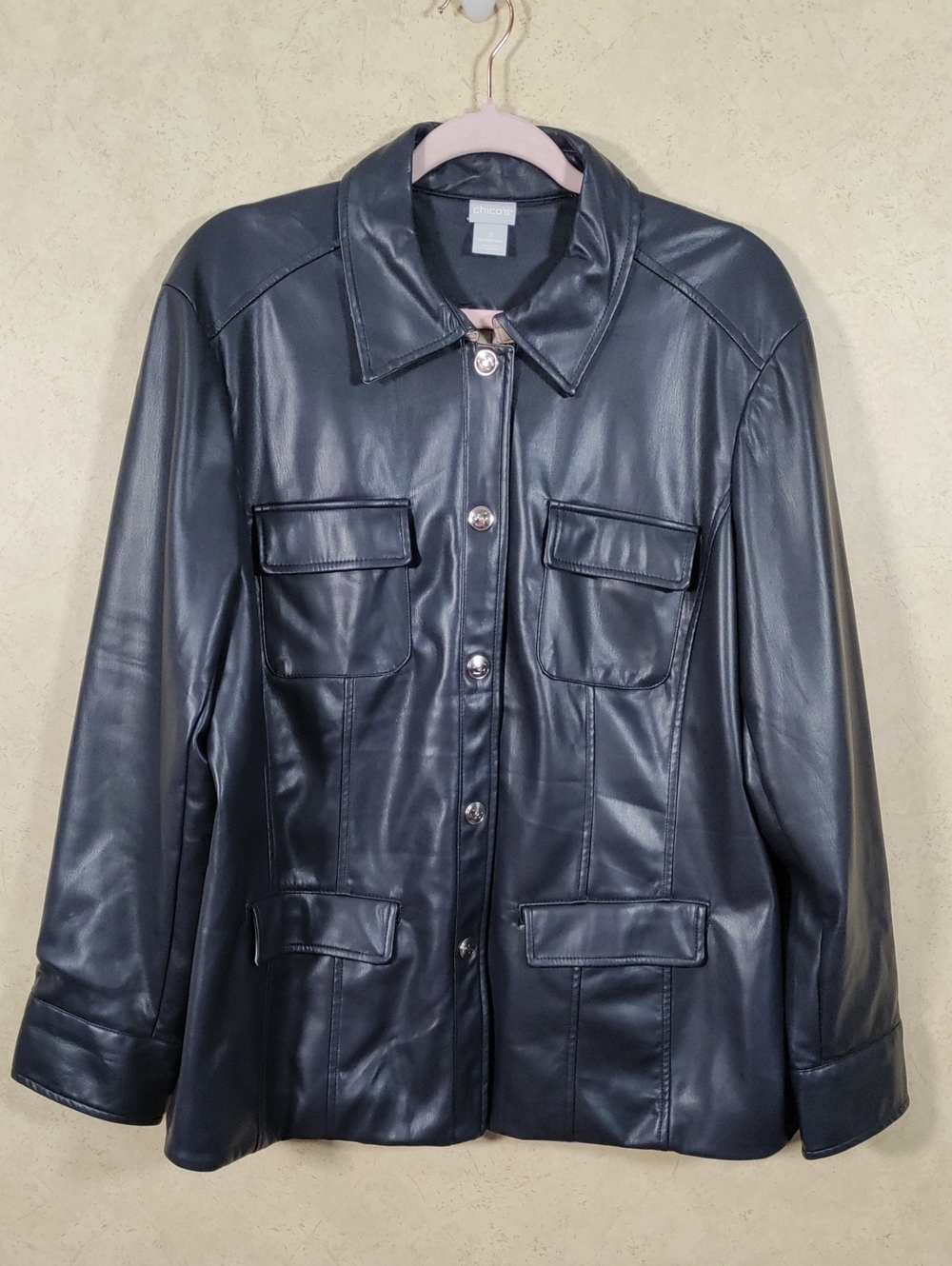 J165 Chico's Black Faux Leather Snap Front Jacket 3 XL NEW